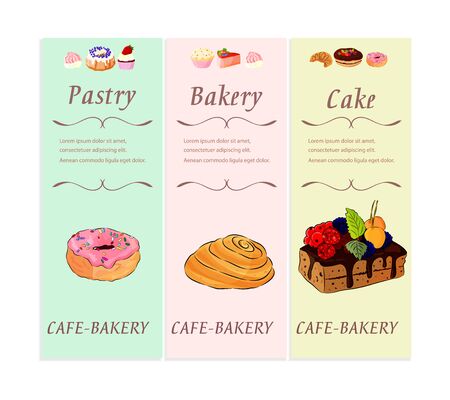 Bakery and pastry shop desserts banner set with text. Fresh sweet foods cupcakes, donuts and other baking productsのイラスト素材