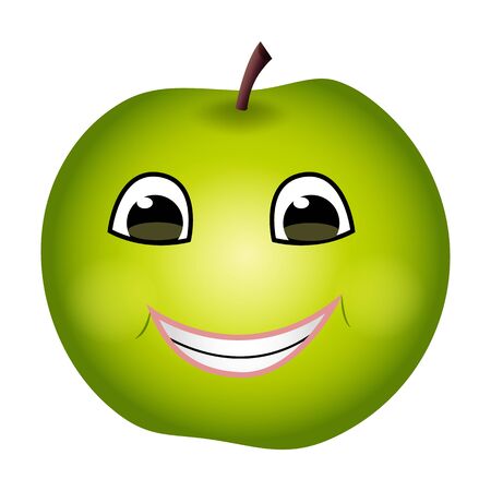 Friendly cute cartoon green apple isolated on white background. Flat style.のイラスト素材