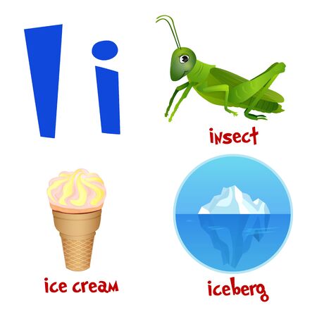 Vector cute kids cartoon alphabet. Letter I with Insect, ice-cream and iceberg. Flat style. Vector illustration.のイラスト素材
