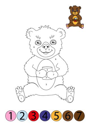Coloring concept. Funny teddy bear coloring page with number of color. Black and white draw with color example.のイラスト素材