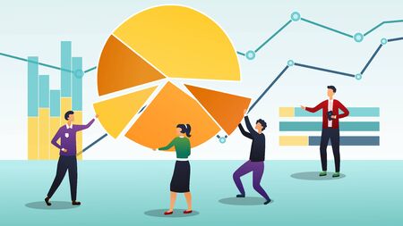 Teamwork concept, data analysis and corporate strategy. A group of people analyze and collect pie chart.のイラスト素材