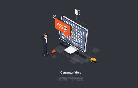 Isometric Virus protection concept. Internet security. Cyber attack on the computer.のイラスト素材