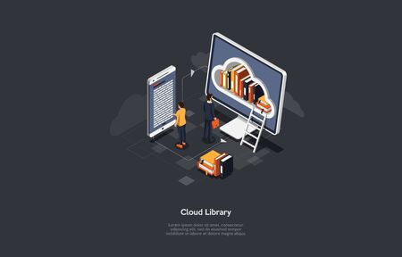 Isometric cloud library concept. Technology and literature. Digital ibrary web banner. People interact with digital books. Vector illustration.のイラスト素材