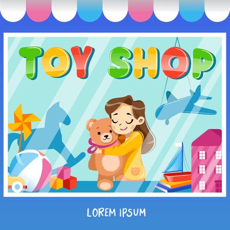 Facade toy store with a signboard, girl with teddybear, awning and playthings in shopwindow.のイラスト素材