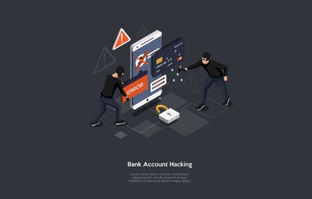 Isometric bank account hacker attack and personal data security concept. Computer security technology.のイラスト素材