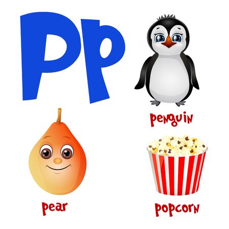 Vector cute kids cartoon alphabet. Letter P with penguin, pear and popcorn.のイラスト素材