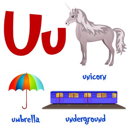 Vector cute kids cartoon alphabet. Letter U with unicorn, umbrella and underground.のイラスト素材