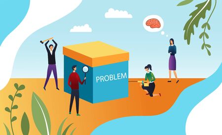 Business people try to discuss and solve business problems. Flat style.