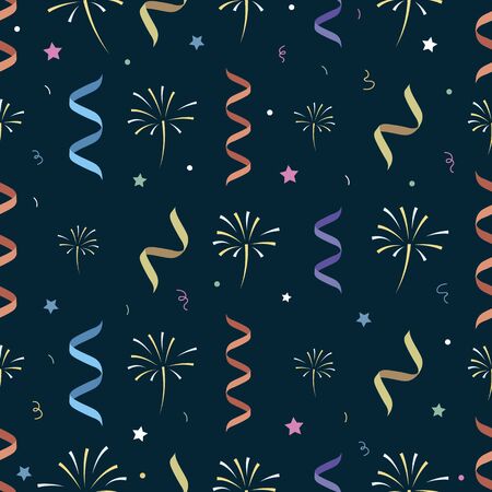 Seamless pattern with fireworks and decorative ribbons. Flat style.のイラスト素材