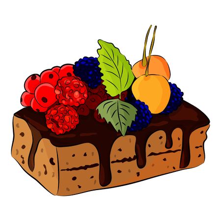 Belgian waffle with fruits and chocolate isolated on the white background. Menu of sweets for fast food. Flat style. Vector illustrationのイラスト素材