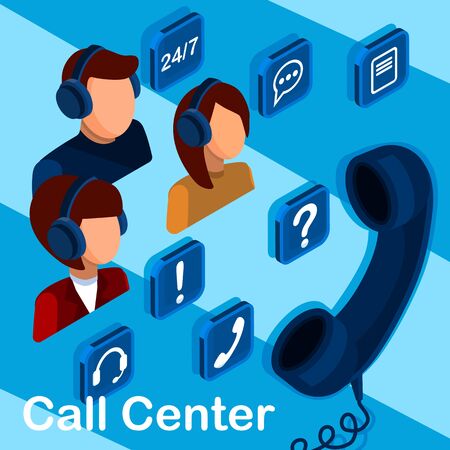 Call center and customer service isometric 3d concept, customer service and mobile support landing page, operators with headphones wyth icons.のイラスト素材