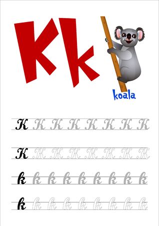 Design page layout of the English alphabet to teach writing upper and lower case letter K with funny cartoon Koala. Flat style. Vector illustrationのイラスト素材