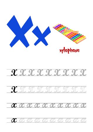 Design page layout of the English alphabet to teach writing upper and lower case letter X with funny cartoon Xylophone. Flat style. Vector illustrationのイラスト素材