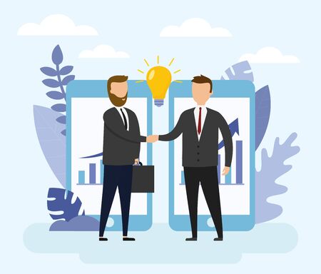 Opening of a new startup, Business Partners Handshaking Through Smartphone Screens. Idea with chart concept. Flat style. Vector illustration.のイラスト素材
