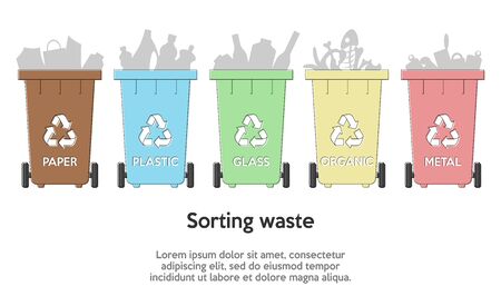 Sorting waste concept. Plastic containers for garbage with different types of trash. Place for text. Flat style. Vector illustrationsのイラスト素材
