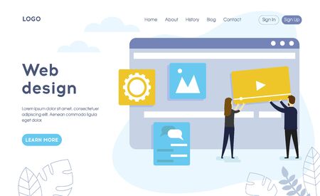 Modern web design concept. The team of web developers constructs a personal user account or admin panel for the website. Website development. Flat style. Vector illustration.のイラスト素材