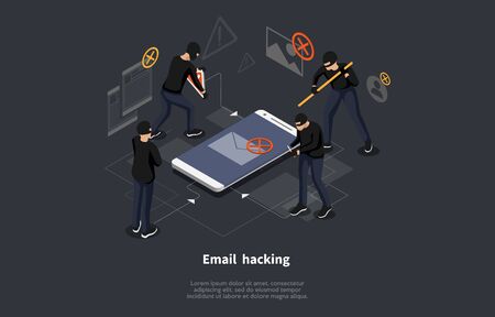 Isometric email hacking concept. Hacked login and password. Network and internet security. Anti virus, spyware, malware. Flat style. Vector illustrationのイラスト素材