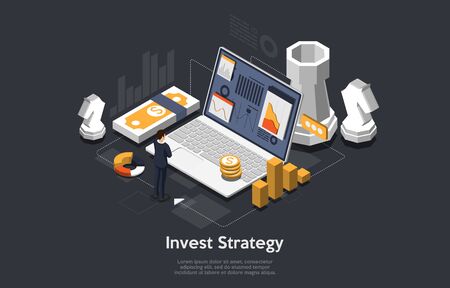 Business strategy Concept. Businessman standing in front of big laptop screen and looks at growth statistics. Success in the business. 3d isometric flat design. Vector illustration.のイラスト素材