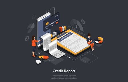 Isometric credit report concept. People are analysing calculate credit report. Credit score calculator, financial report, checking credit score for loan banner. Vector illustrationのイラスト素材