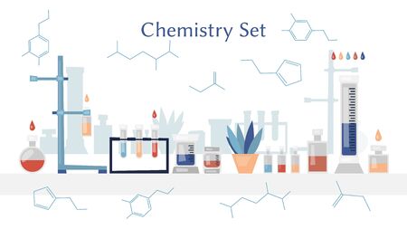 Chemistry bio technology science flat icons set of molecule nuclear power and microscope for school education isolated vector illustrationのイラスト素材