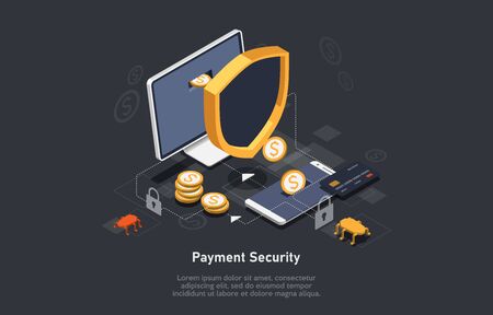 Isometric secure bank transfers via mobile device, online payment, credit card with smartphone and shield, electron money deposit. Vector illustration.のイラスト素材