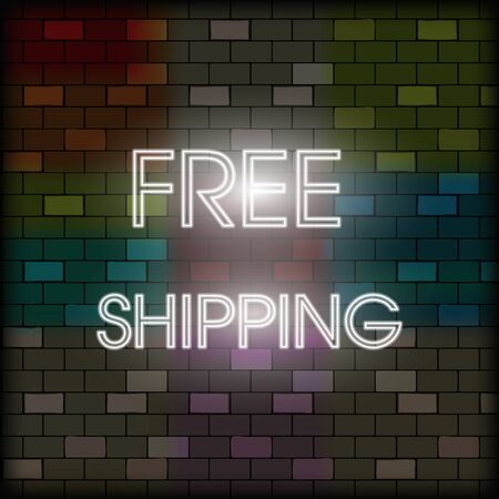 Vip neon icon. Free shipping neon sign. Free shipping neon logo on the dark brick wall background. Flat style. Vector illustrationのイラスト素材