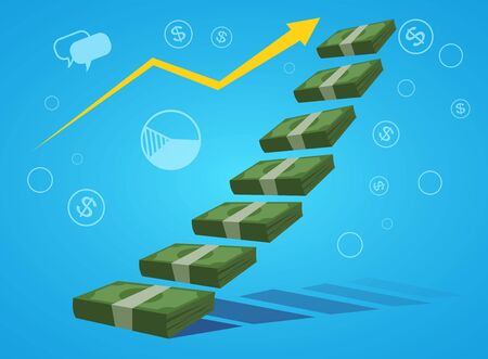 Profit money or budget, pile of paper cash and rising graph arrow up, concept of business success, economic or market growth, investment revenue earnings, benefit. Flat style. Vector illustration.のイラスト素材