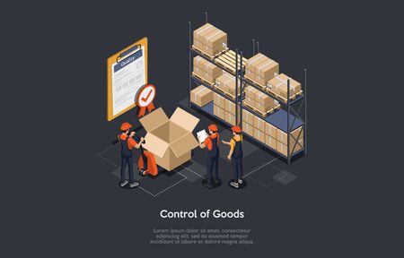 Isometric control of goods concept. Warehouse workers are checking goods, certificate of quality with checkmark for stock quality, quality control of cardboard parcel boxes, process of packaging cargo. Vector illustration.のイラスト素材