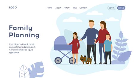 Family Planning Cartoon Landing Page Template. Common Joint Vacation Scheduling Online. Vector Parents with Baby in Stroller and Children Walking Flat Illustration. Happy Parenting and Childhoodのイラスト素材