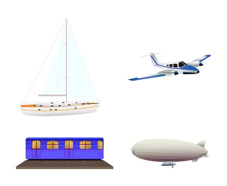 Set of icons of transport modes consisting of the yacht, plane, metro, zeppelin isolated on white background. Flat style. Vector illustrationのイラスト素材