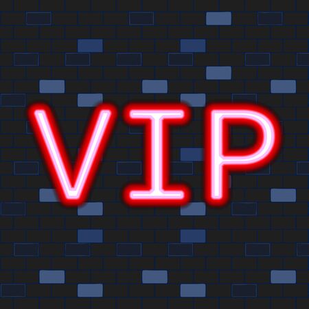 Vip neon icons concept. Glowinng VIP neon sign isolated on the dark brick wall background. It can be used for presentation, advertising. Flat style. Vector Illustrationのイラスト素材