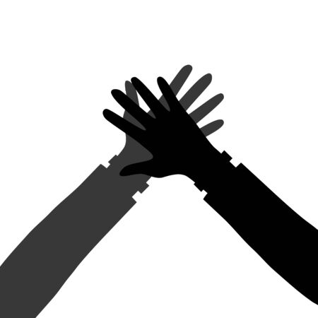 Black silhouettes of hands giving high five isolated on a white background. High five concept. Flat style. Vector illustrationのイラスト素材