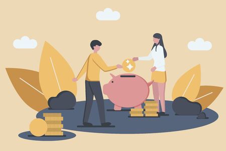 Businessman and Business Woman are Putting Golden Coin Into a Piggy Bank, for Teamwork or Investment Fund Concept Design. Flat style. Vector Illustration.のイラスト素材