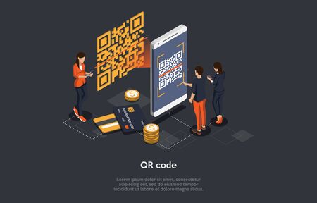 Isometric Qr Code Verification Concept. Man is Scanning the Qr Code By Mobile Phone. Hi Tech Technologies. Vector Illustration.のイラスト素材