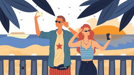 Fashionably Dressed Young Man and Woman in Sunglasses With Mobile Phones are Making Selfie on the Coast Background. Couple In Love enjoy relationship during the trip. Flat Style. Vector illustration.のイラスト素材