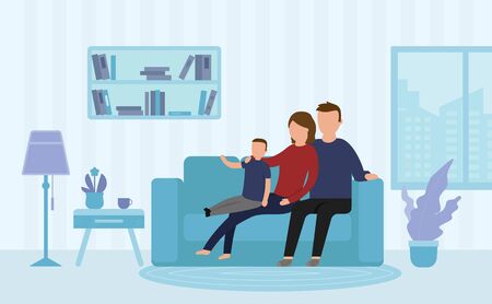 Happy Family Sitting on a Sofa in a Living Room, Comunicating And Relaxing. Flat Style.Vector Illustration.のイラスト素材
