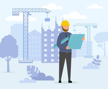 Architect is Watching at Blueprints on the Construction Background. Man with Project in Helmet and Suit. Tower Cranes are On the Background. Flat Style. Vector Illustration.のイラスト素材