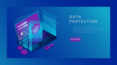 Isometric Protection Network Security and Safe Data Concept. Landing Page Design Templates of Cybersecurity. Digital Crime by an Anonymous Hacker. Vector illustrationのイラスト素材