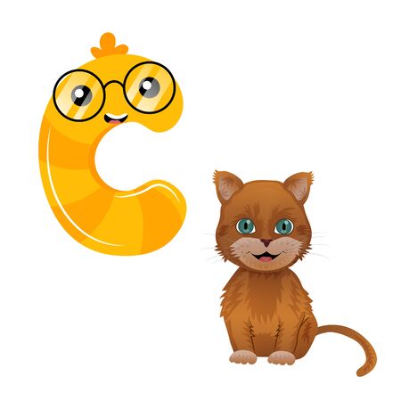 Vector Cute Childish Cartoon English Alphabet. Letter C With Kitten. The Letter Like Fictional Character. Flat style. Vector illustrationのイラスト素材