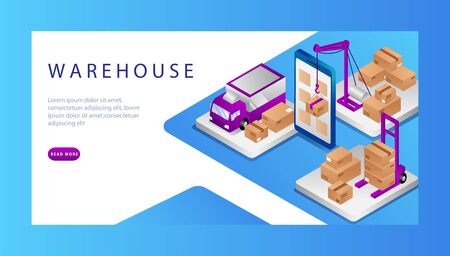 Isometric Warehouse Landing Page Concept. Delivery home and office. Delivery Truck, Smartphone With App, Crane, Loader and Cargo. Vector Illustrationのイラスト素材