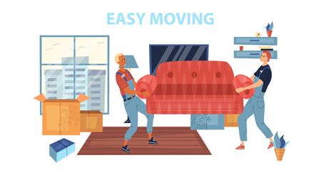 Moving Concept. Two Workers are Carrying a Sofa. Modern Cartoon Home Interior. Moving Process Into The New House. Flat Style. Vector Illustration.のイラスト素材
