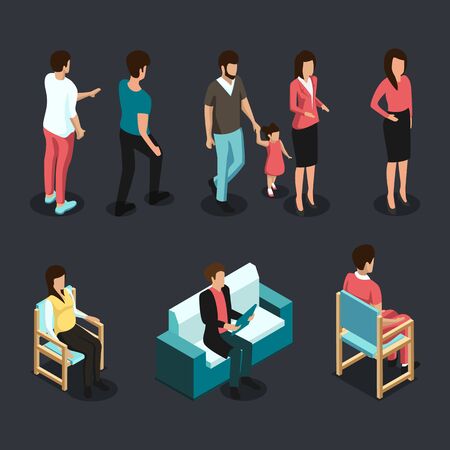 Isometric 3d People Set. Set of Women and Man With Daughter. Vector illustration.のイラスト素材