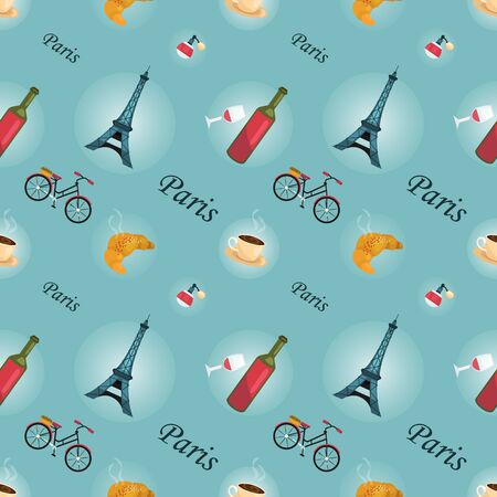 Seamless Pattern Of Paris With Wine, Coffee, Croissant, Perfume, Bicycle and Landmarks. Seamless Pattern Can be Used for Wallpaper, Pattern Fills, Web Page Backgrounds. Flat Style. Vector Illustrationのイラスト素材