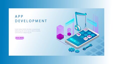 Isometric Landing Page Template Of Mobile Application Development with smartphone, Process of Development. Vector Illustrationのイラスト素材