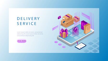 Isometric Logistics and Delivery Service Landing Page Concept. Delivery home and office. Big Smartphone With App, and Parcels. Vector Illustrationのイラスト素材