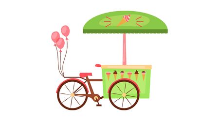 Mobile Ice Cream Cart With Many Types Of Ice Cream And Pink Balloons Isolated On the White Background. Cartoon Flat Style. Vector Illustrationのイラスト素材