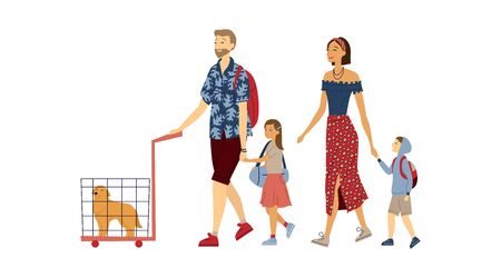 Family With Laggage, Dog Cage and Handbag Isolated On the White Background. Family Trip Concept. Happy Family Is Ready To Travel. Cartoon Flat Style. Vector Illustration.のイラスト素材