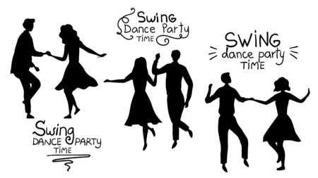 Swind Dance Party Time Concept. Black Silhouettes Of Young Couples are Dancing Swing, Rock and Roll or Lindy Hop. Flat Style. Vector Illustrationのイラスト素材