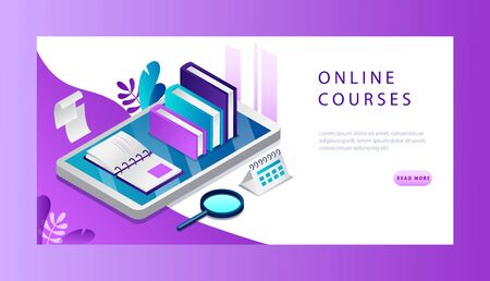 Isometric 3d Online Course Concept. Website Landing Page. E learning Courses With Books, Opened Copybook On Big Smartphone. Online Course For Distance Education. Web Page Vector Illustrationのイラスト素材