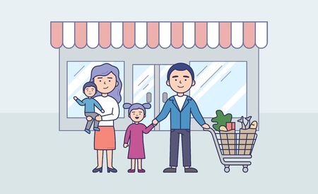 Family Shopping Concept. Father With Trolley With Food Holding Daughter s Hand, Mother Is Holding The Baby In the Arms. People In Front Of Supermarket. Cartoon Outline Linear Flat Vector Illustrationのイラスト素材